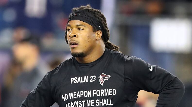 Falcons running back Devonta Freeman left Sunday’s game with a head injury. Curtis Compton/ccompton@ajc.com