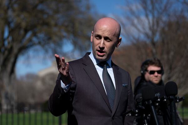 Deputy White House chief of staff Stephen Miller speaks to reporters at the White House in Washington, Monday, March 17, 2025. (AP Photo/Ben Curtis)