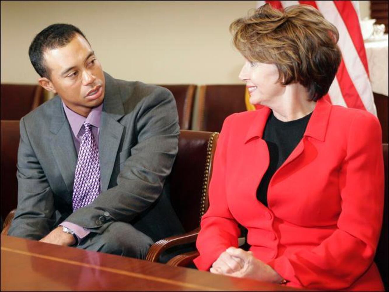 Tiger Woods meets with U.S. Speaker of the House Nancy Pelosi in March of 2007.