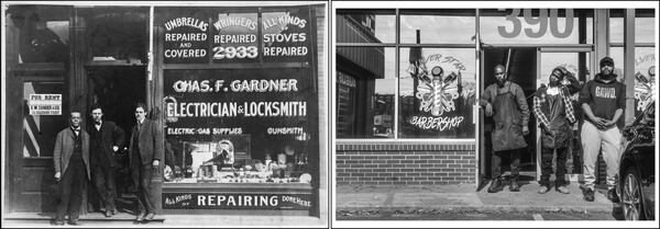 Left: Three men stand at the entrance to Chas. F. Gardner Electrician and Locksmith at 2933 State St. in Chicago. In 1900, W.E.B. Du Bois presented hundreds of portraits and scenes of Black American life for his’ "Exhibit of American Negroes" at the World’s Fair in Paris. (Special Collections and University Archives, University Libraries, University of Massachusetts Amherst)

Right: In a re-creation of the left photo, Horace Robinson (in open doorway), owner of Silver Star Barbershop, poses with barbers Devin Pittman and Brandon "Duke" Graham on Feb. 3, 2026. (Natrice Miller/AJC)