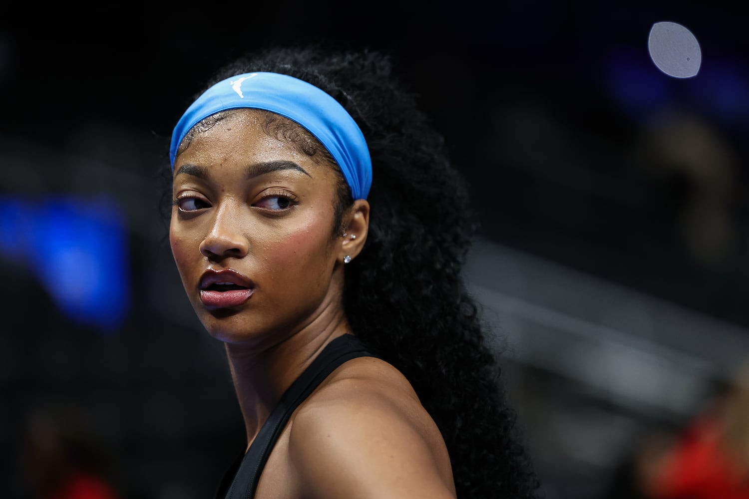 Dream forward Angel Reese reacts during pregame warmups before the start of their game against the Aces on Sunday, May 17, 2026, at State Farm Arena in Atlanta. (Colin Hubbard for the AJC) 
