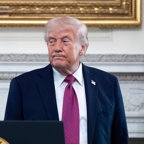 President Donald Trump departs after speaking at an event for NCAA national champions in the State Dining Room of the White House, Tuesday, April 21, 2026, in Washington. (AP Photo/Alex Brandon)