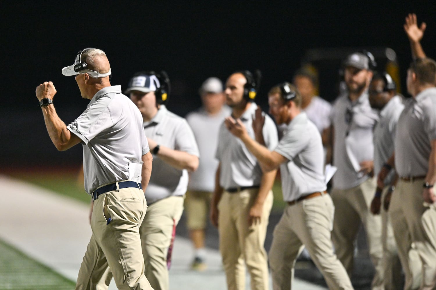 East Jackson head coach Cameron Pettus celebrates his team’s first field goal during the first half of play Friday, Sept. 26, 2025, at Hebron Christian Academy. (Daniel Varnado for the AJC)