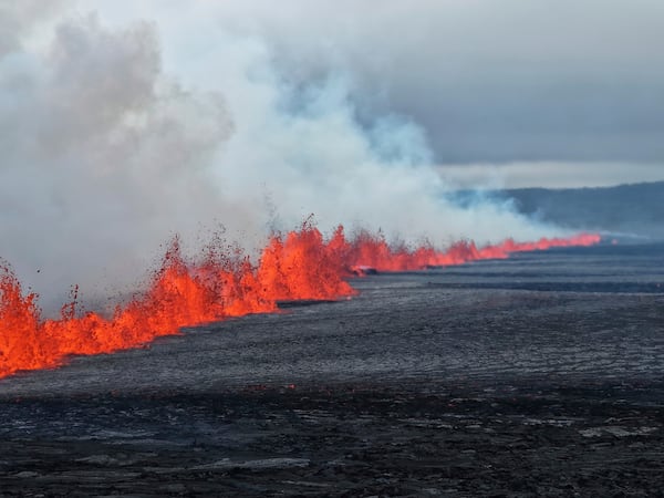 A view of the volcanic eruption by the Sundhnúkagigjarö íur volcano, in Grindavik, Iceland, Wednesday, July 16, 2025. (Department of Civil Protection and Emergency Management via AP)