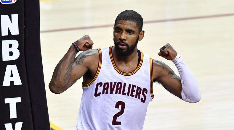 CLEVELAND, OH - JUNE 09: Kyrie Irving #2 of the Cleveland Cavaliers reacts against the Golden State Warriors in Game 4 of the 2017 NBA Finals at Quicken Loans Arena on June 9, 2017 in Cleveland, Ohio. (Photo by Jason Miller/Getty Images)