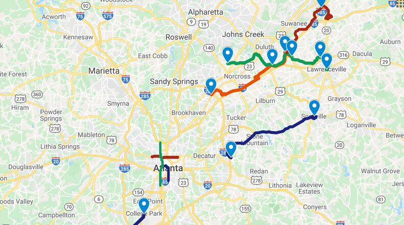 Map of planned bus rapid transit lines in metro Atlanta.