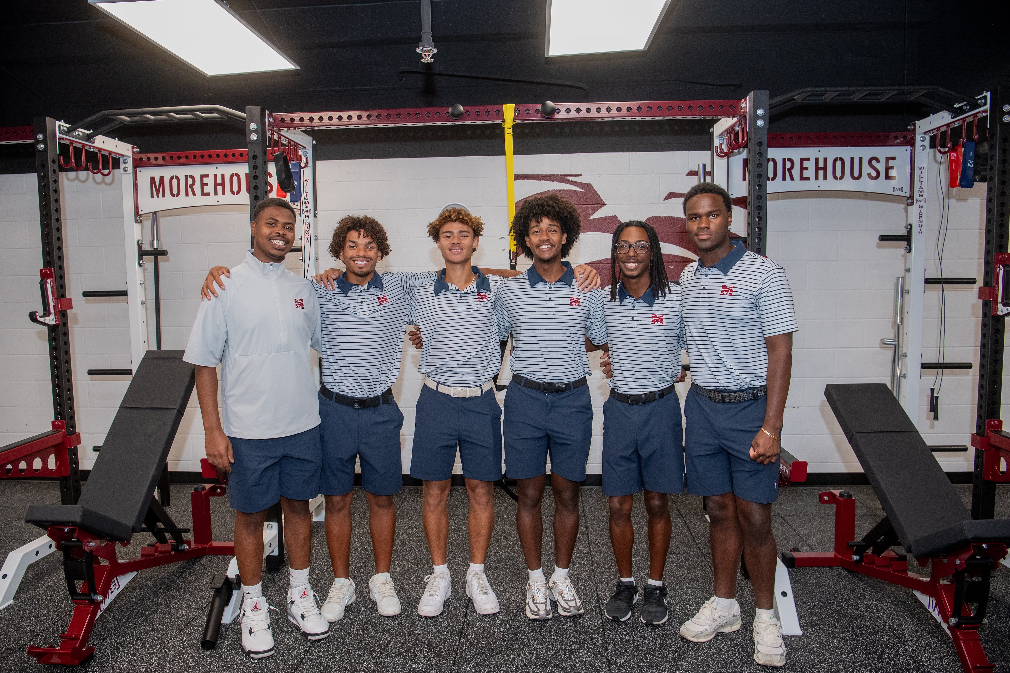 Members of the Morehouse golf team get together inside the new weight room. (Kate Awtrey-King for the AJC)