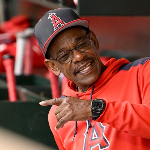 FILE - Los Angeles Angels manager Ron Washington talks in the dugout before a baseball game against the Toronto Blue Jays in Anaheim, Calif., Tuesday, May 6, 2025. (AP Photo/Alex Gallardo, File)