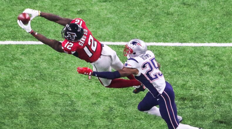 FEBRUARY 5, 2017  HOUSTON TX  Falcons Mohamed Sanu is all hands against Patriots, LeGarrette Blount. The Atlanta Falcons meet the New England Patriots in Super Bowl LI at NRG Stadium in Houston, TX, Sunday,  February 5, 2017. John Spink/AJC