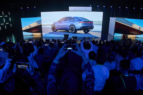 The ID Aura concept car is shown during the Volkswagen Group media night ahead of the Auto Show in Shanghai, Tuesday, April 22, 2025. (AP Photo/Ng Han Guan)