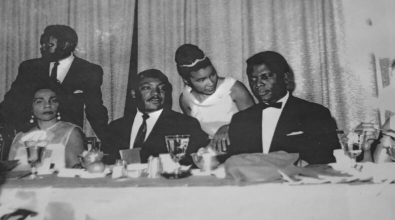 Xernona Clayton (center) with Coretta Scott King, Martin Luther King Jr. and Sydney Poitier. (This is a copy of a photo courtesy of Xernona Clayton.)