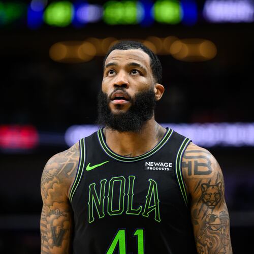 FILE - New Orleans Pelicans guard-forward Saddiq Bey (41) stands in the first half against the Orlando Magic in an NBA basketball game in New Orleans, Sunday, April 5, 2026. (AP Photo/Ella Hall, file)