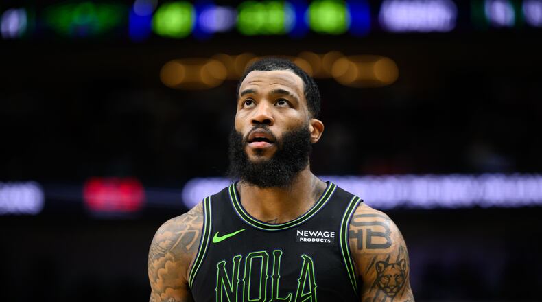 FILE - New Orleans Pelicans guard-forward Saddiq Bey (41) stands in the first half against the Orlando Magic in an NBA basketball game in New Orleans, Sunday, April 5, 2026. (AP Photo/Ella Hall, file)