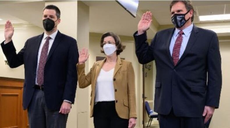 (L-R) Rob Price, Catherine Lautenbacher and Tom Lambert took their oaths of office  recently as the newest members of the Dunwoody City Council. (Courtesy of Dunwoody)