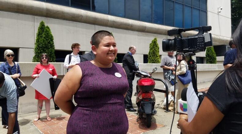 Maria Palacios, whose candidacy for Georgia House was ruled ineligible, holds a press conference at Fulton County Superior Court on Wednesday, July 18, 2018. Maya T. Prabhu/maya.prabhu@ajc.com