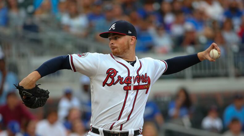 Atlanta Braves starting pitcher Sean Newcomb works during the first inning of the team’s baseball game against the Los Angeles Dodgers on Thursday, Aug. 3, 2017, in Atlanta. (AP Photo/John Bazemore)