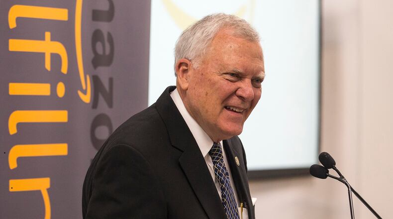 08/10/2018 -- Jefferson, Georgia -- Georgia Govener Nathan Deal speaks during a press conference at the one-year-old Amazon Fulfillment Center in Jefferson, Friday, August 10, 2018. Among the speakers was Georgia governor Nathan Deal, Jackson County Mayor Steve Quinn and Jefferson Amazon fulfillment center general manager, Amanda Reed. A donation of STEM educational tools was presented to the West Jackson Elementary School.  (ALYSSA POINTER/ALYSSA.POINTER@AJC.COM)