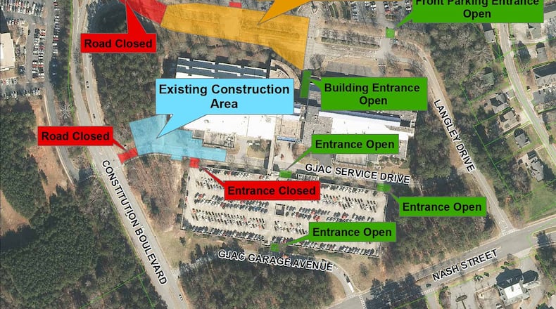 One of the two routes to the Gwinnett Justice and Administration Center will close for six weeks due to construction.