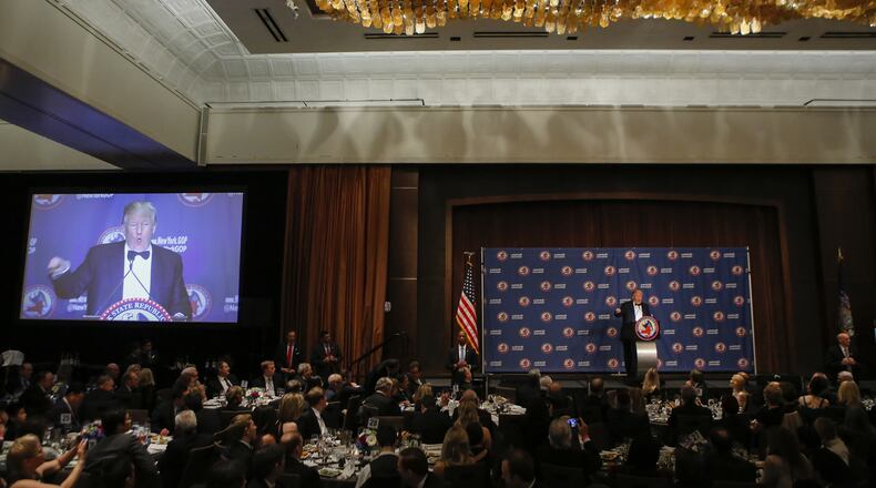 NEW YORK, NY - APRIL 14: Republican presidential candidate Donald Trump speaks during the 2016 annual New York State Republican Gala on April 14, 2016 in New York City. Donald Trump, Senator Ted Cruz of Texas and Gov. John R. Kasich of Ohio take part in a fund-raiser for the state Republican Party, being the first time they are seen together since they decided to abandon the so-called loyalty pledge they signed last year to support whoever becomes the party nominee. (Photo by Eduardo Munoz Alvarez/Getty Images)