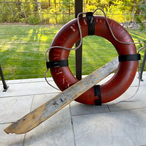 FILE - A rare life ring from the 1975 shipwreck of the Edmund Fitzgerald obtained by the state of Michigan in a lawsuit settlement is displayed on Oct. 12, 2025, outside Detroit. (Randal Smith via AP, File)