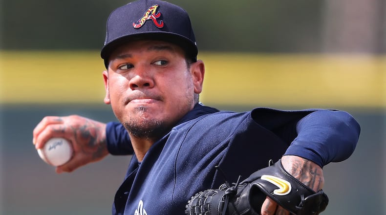 Braves pitcher Felix Hernandez delivers a pitch during the first live batting session during spring training at CoolToday Park on Wednesday, Feb. 19, 2020, in North Port.  Curtis Compton ccompton@ajc.com