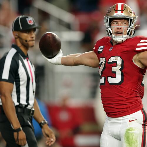 San Francisco 49ers' Christian McCaffrey celebrates a second-quarter touchdown run  against the Atlanta Falcons during an NFL football game in Santa Clara, Calif., on Sunday, Oct. 19, 2025. (Scott Strazzantez/San Francisco Chronicle via AP)