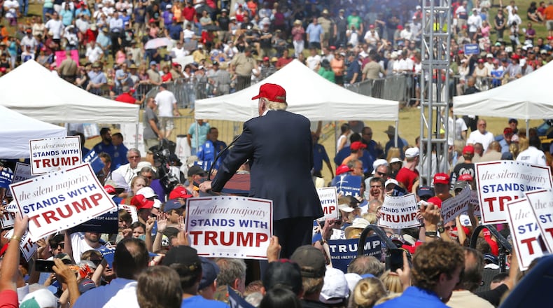 Republican presidential candidate Donald Trump speaks during a campaign rally, Saturday, March 19, 2016, in Fountain Hills, Ariz. (AP Photo/Matt York)