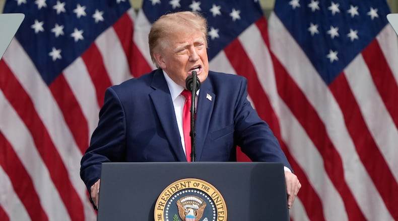 President Donald Trump speaks as he attends a ceremony to commemorate the 25th anniversary of the 9/11 attacks at the Pentagon, Friday, Sept. 11, 2026, in Washington. (AP Photo/Manuel Balce Ceneta)