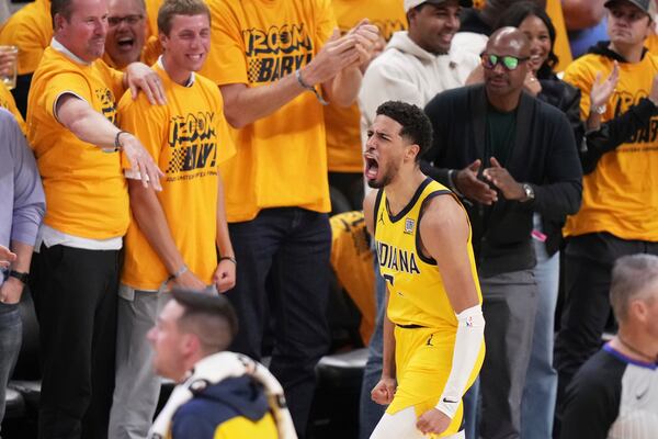Indiana Pacers guard Tyrese Haliburton celebrates during the first half of Game 3 of the Eastern Conference finals of the NBA basketball playoffs against the New York Knicks Sunday, May 25, 2025, in Indianapolis. (AP Photo/AJ Mast)