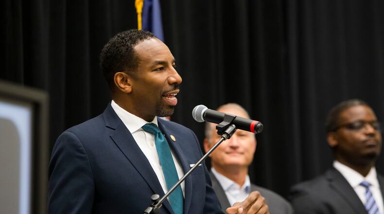 Mayor Andre Dickens speaks during a press conference with Atlanta Technical College president Victoria Seals and Acuity Brands CEO Neil Ashe at Atlanta Technical College on Tuesday, September 27, 2022, in Atlanta.  Current and upcoming investments in the city's local workforce were announced. CHRISTINA MATACOTTA FOR THE ATLANTA JOURNAL-CONSTITUTION.