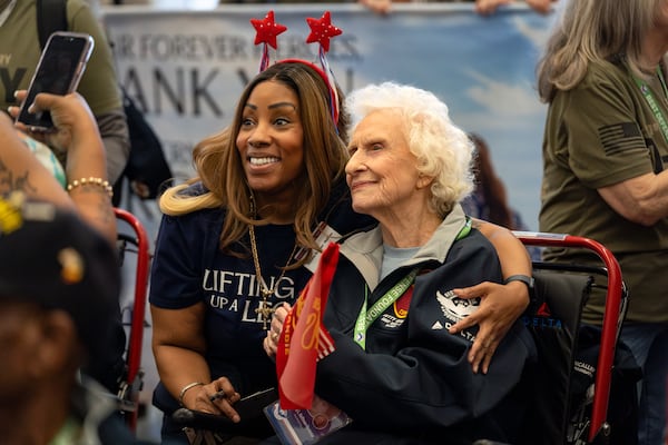 World War Two veterans arrive at Hartsfield-Jackson International airport for the Normandy Legacy Flight to Normandy, France on the 81st anniversary of the D-Day invasion.  Saturday, May 31, 2025 (Ben Hendren for the Atlanta Journal-Constitution)