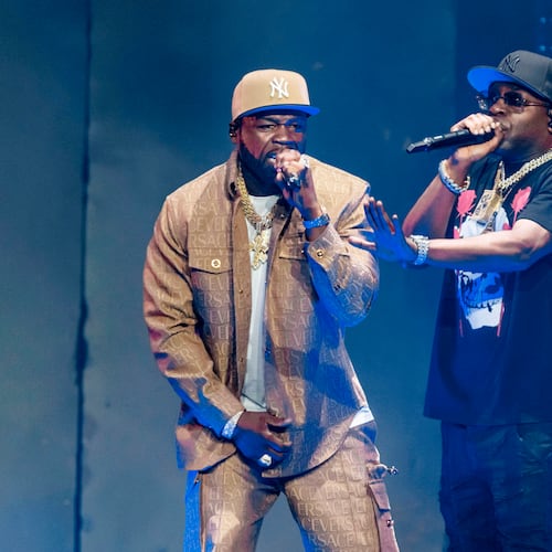FILE - Rapper Curtis "50 Cent" Jackson, left, performs at the German launch of his "Final Lap Tour" at Hamburg's Barclays Arena in Hamburg, Germany, Friday, Sept. 29, 2023. (Markus Scholz/dpa via AP, File)