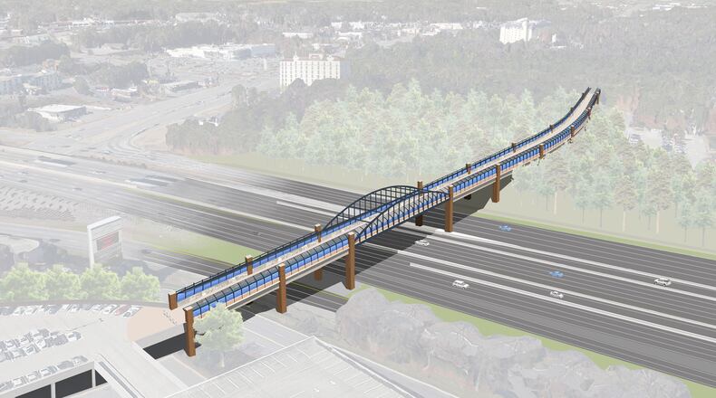 This rendering shows the Cobb pedestrian transit bridge tying into a parking deck at the office park. Documents reviewed by the newspaper seem to show this bridge placement unlikely.