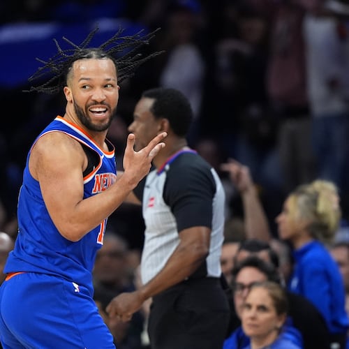 New York Knicks' Jalen Brunson reacts after scoring during the second half of Game 4 against the Philadelphia 76ers in a second-round NBA basketball playoffs series Sunday, May 10, 2026, in Philadelphia. (AP Photo/Matt Slocum)