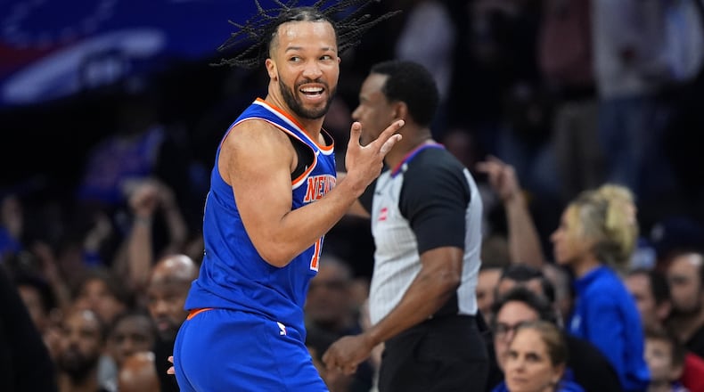 New York Knicks' Jalen Brunson reacts after scoring during the second half of Game 4 against the Philadelphia 76ers in a second-round NBA basketball playoffs series Sunday, May 10, 2026, in Philadelphia. (AP Photo/Matt Slocum)
