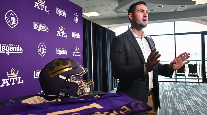 November 29, 2018 Atlanta - Atlanta Legends QB Aaron Murray speaks to members of the press at Georgia State Stadium on Thursday, November 29, 2018. Former Georgia quarterback Aaron Murray has signed to play with the Atlanta Legends in the new Alliance of American pro football league. The Atlanta Legends open up the inaugural season of The Alliance of American Football on Saturday, February 9 at 8 p.m. at The Orlando Apollos. HYOSUB SHIN / HSHIN@AJC.COM