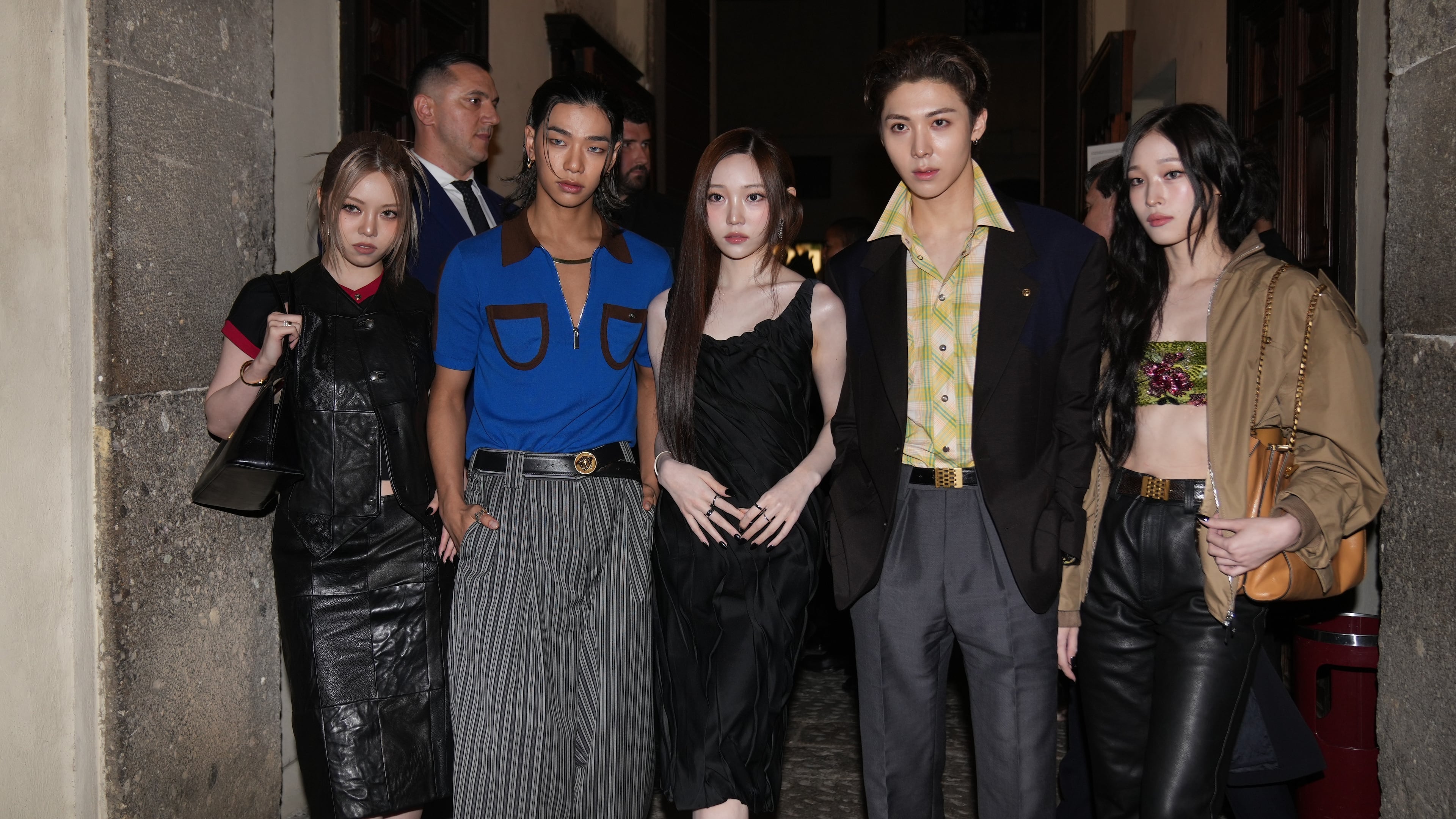 CORRECTS ALLAY TO ALLDAY - Members of the AllDay Project, ADP, a South Korean group, from left, Bailey, Tarzzan, Youngseo, Woo-chan and Annie arrive for the Versace Intimate fashion event in Milan, Friday, Sept. 26, 2025. (AP Photo/Antonio Calanni)