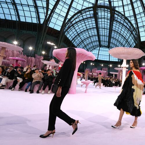 Models wear creations as part of the Chanel Spring/Summer 2026 Haute Couture collection presented in Paris, Tuesday, Jan. 27, 2026. (AP Photo/Aurelien Morissard)