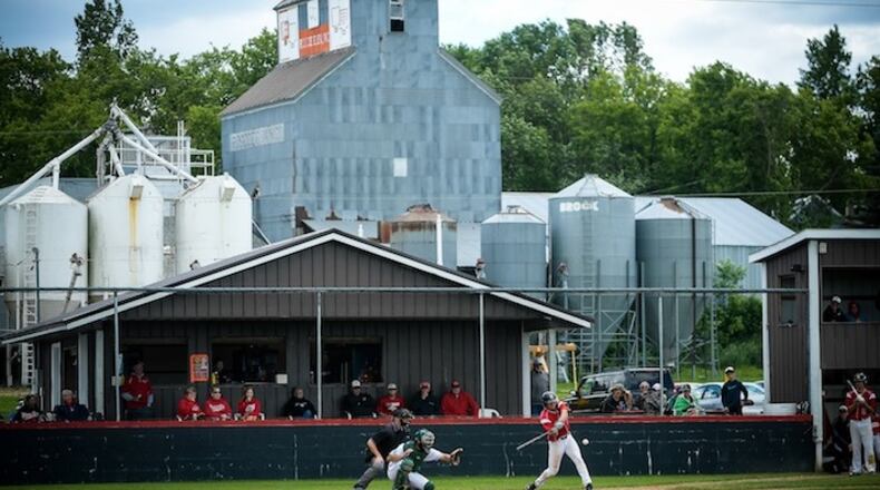 Roscoe's Nathan Stang was out at first after grounding out to Greenwald's shortstop during a game on Sunday, June 25, 2017 in Roscoe, Minn. (Aaron Lavinsky/Minneapolis Star Tribune/TNS)