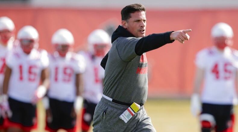 In this March 4, 2017, file photo, Nebraska defensive coordinator Bob Diaco works with players on the first day of spring NCAA college football practice in Lincoln, Neb. Diaco's three seasons as coach at Connecticut did not go well, but his resume as defensive coordinator at Notre Dame was pretty good so Mike Riley brought him in to remake the Cornhuskers' defense. (AP Photo/Nati Harnik, File)
