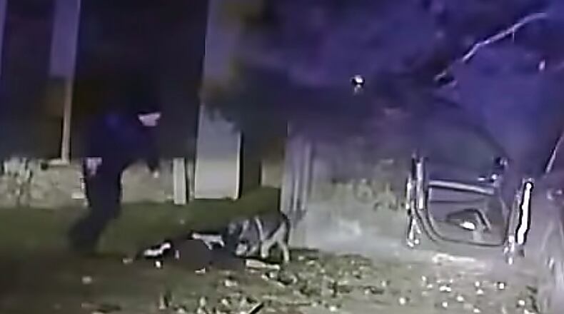 An image taken from a police dash camera video provided by the Michigan State Police shows Trooper Parker Surbrook deploying a police dog on a suspect in November. Surbrook has been charged with felonious assault for using the dog to subdue an unarmed man for nearly four minutes.