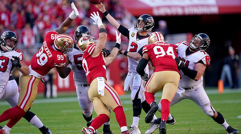 Falcons quarterback Matt Ryan delivers a pass against the defense of the San Francisco 49ers Sunday, Dec. 15, 2019, at Levi's Stadium in Santa Clara, Calif.