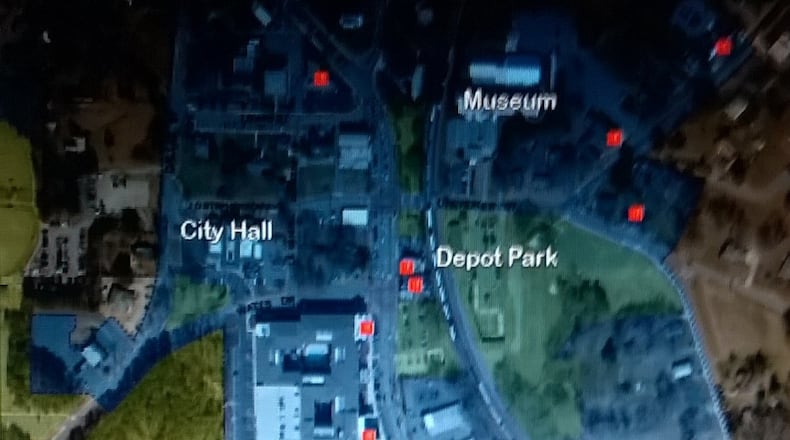 Two entertainment districts, allowing the carrying of open containers of alcoholic beverages, will be considered for a final vote on Jan. 22 by the Kennesaw City Council, following a 6:30 p.m. public hearing. Shown in blue, this entertainment district covers the downtown business district. (Courtesy of Kennesaw)
