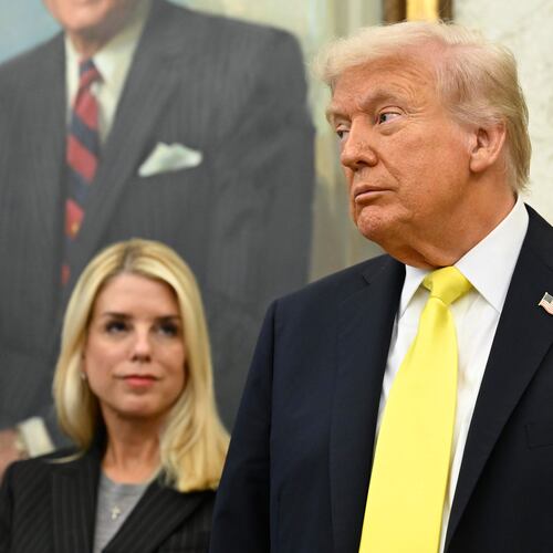 FILE - President Donald Trump and Attorney General Pam Bondi listen as FBI Director Kash Patel speaks during an event in the Oval Office at the White House, Oct. 15, 2025, in Washington. (AP Photo/John McDonnell, File)