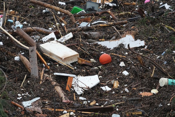 Debris is left behind by a raging Guadalupe River, Friday, July 4, 2025, in Kerrville, Texas. (AP Photo/Eric Gay)