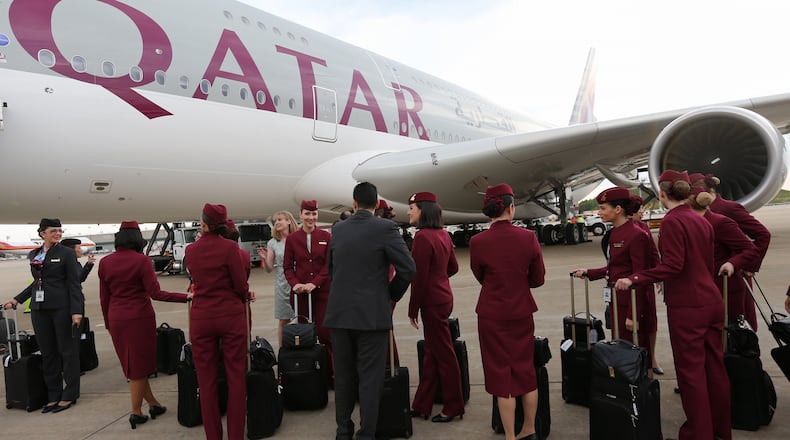 June 1, 2016 Atlanta: Qatar Airways flight attendants prepare to board an A380 for the inaugural flight from Atlanta to Doha on Wednesday evening June 1, 2016 at Hartsfield-Jackson International Airport. Ben Gray / bgray@ajc.com