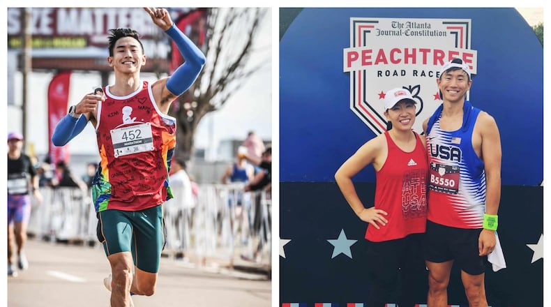 Kevin Khoo is the leader in the Peachtree Invite Challenge, a contest to see who can recruit the most runners to the AJC Peachtree Road Race. He's seen at right with wife Jean Khoo. PHoto: Kevin Khoo