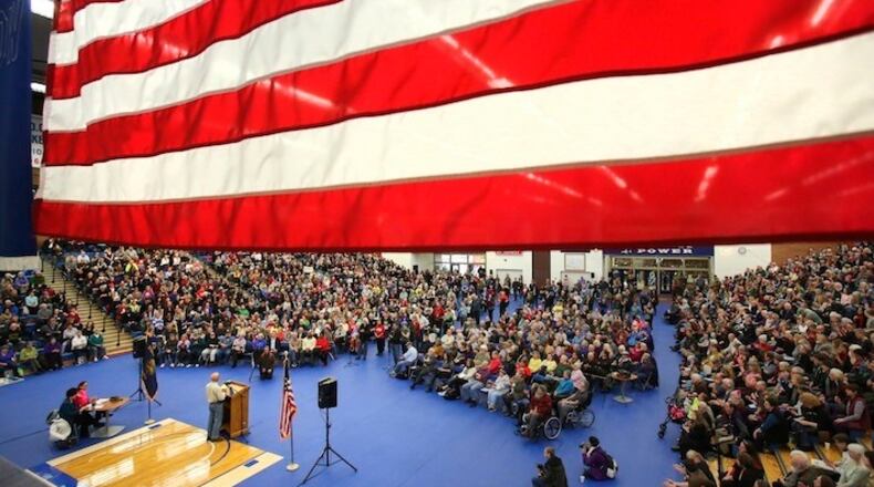 U.S. Rep. Peter DeFazio takes questions from the public during a town hall gathering at Lane Community College in Eugene Ore., on Saturday, Feb. 25, 2017. (Collin Andrew/The Register-Guard via AP)