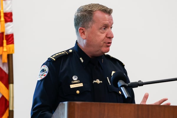 Atlanta Police Department Chief Darin Schierbaum speaks during a news conference unveiling fresh uniforms at the Atlanta Public Safety Training Center in Atlanta on Thursday, July 31, 2025. (Abbey Cutrer/AJC)