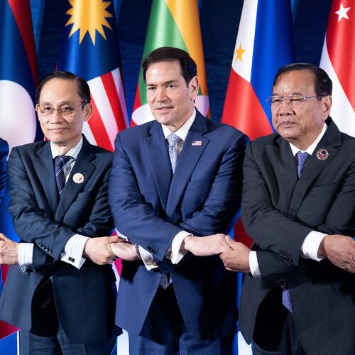 From left, East Timor's Foreign Minister Bendito dos Santos Freitas, Vietnam Foreign Minister Le Hoai Trung, U.S. Secretary of State Marco Rubio and Cambodia's Foreign Minister Prak Sokhonn join hands during the ASEAN Post-Ministerial Conference with the United States on the sidelines of the Association of Southeast Asian Nations (ASEAN) Foreign Ministers' Meeting in Pasay city, Metro Manila, Philippines Wednesday, July 22, 2026. (Brendan Smialowski/Pool Photo via AP)